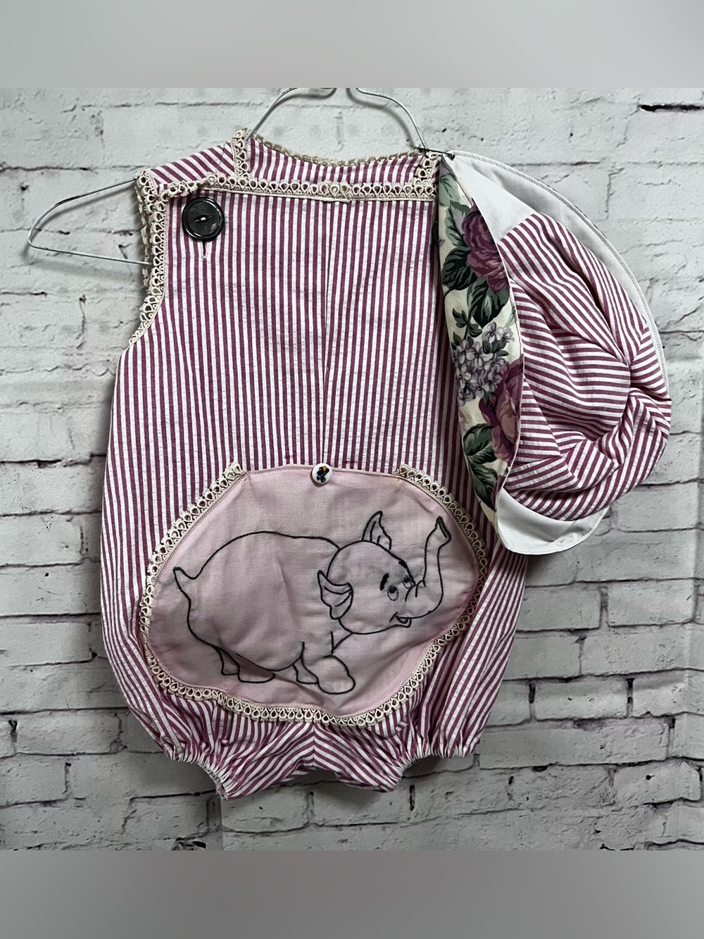 Vtg Handmade Baby Girl Bubble Romper Hat Set 9-12M Striped Elephant Embroidered